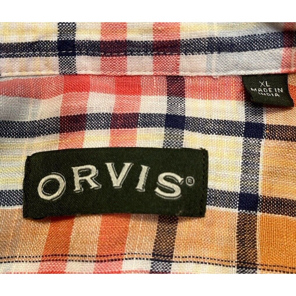 ORVIS Men's Long Sleeve Plaid Linen Shirt XL Red/Navy/Tan/Wht Preppy Classic - Picture 4 of 10